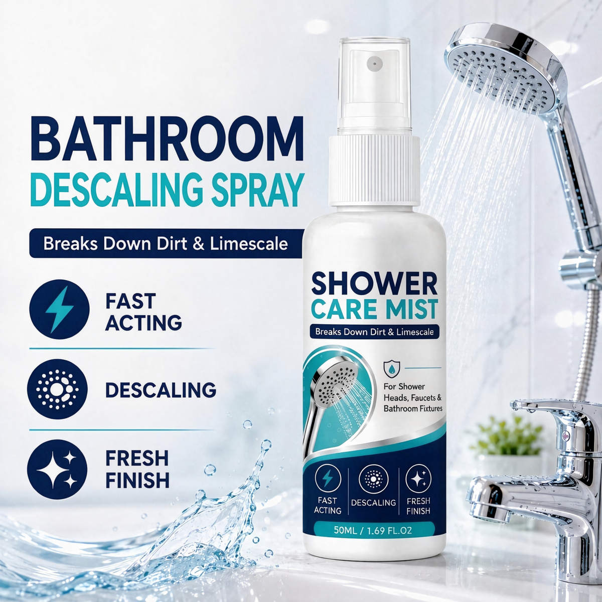 Bathroom Limescale Remover Spray – Water Spot Cleaner for Showerheads, Faucets & Bathroom Fixtures