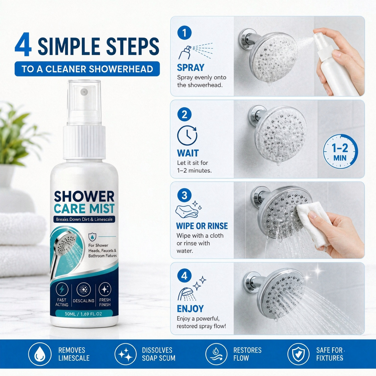 Bathroom Limescale Remover Spray – Water Spot Cleaner for Showerheads, Faucets & Bathroom Fixtures