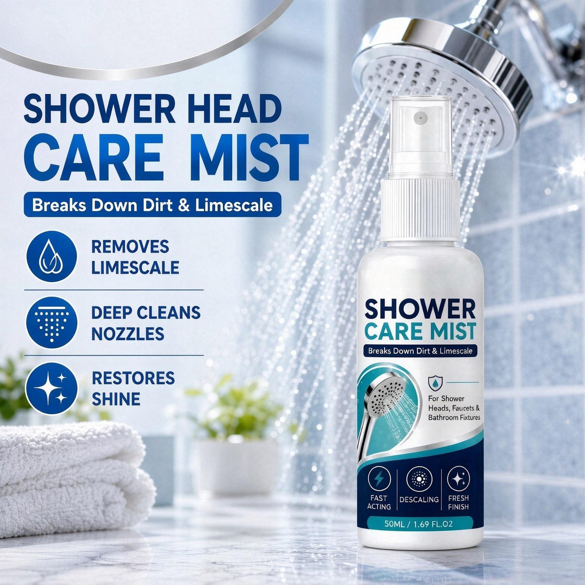 Bathroom Limescale Remover Spray – Water Spot Cleaner for Showerheads, Faucets & Bathroom Fixtures