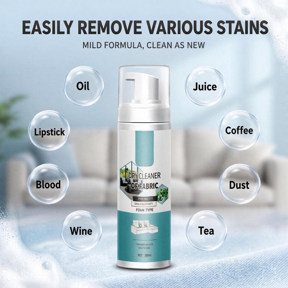 Multi-Purpose Fabric Cleaner Spray – Foam Cleaner for Sofas, Carpets, Curtains & Car Interiors