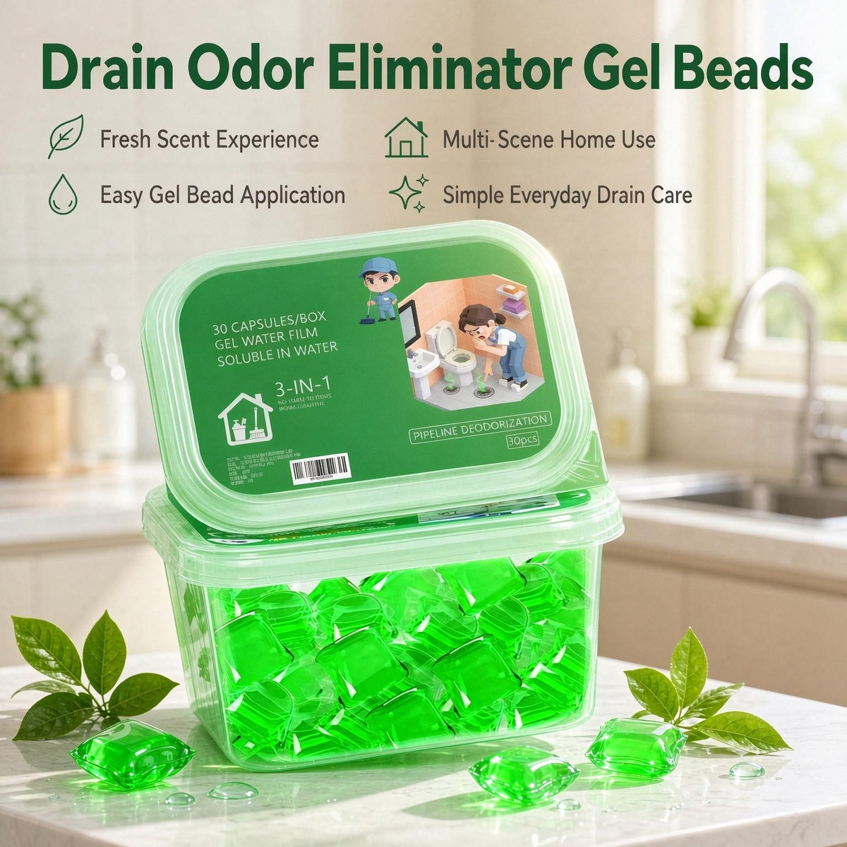 Drain Odor Eliminator Gel Beads – Fresh Scent Cleaner for Bathroom & Kitchen Pipes