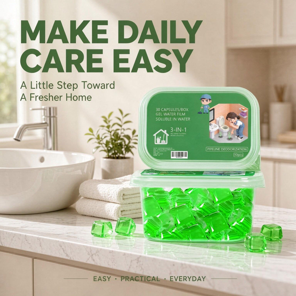Drain Odor Eliminator Gel Beads – Fresh Scent Cleaner for Bathroom & Kitchen Pipes